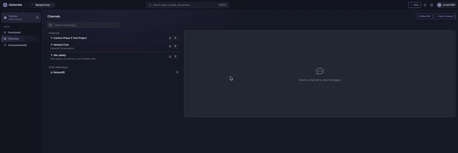 OpSemble Comms channels with team messages