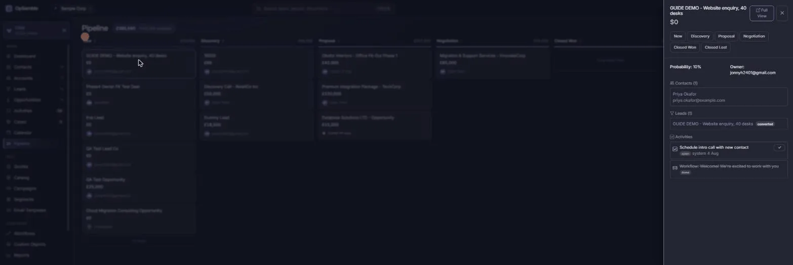OpSemble CRM pipeline board with deals across six stages