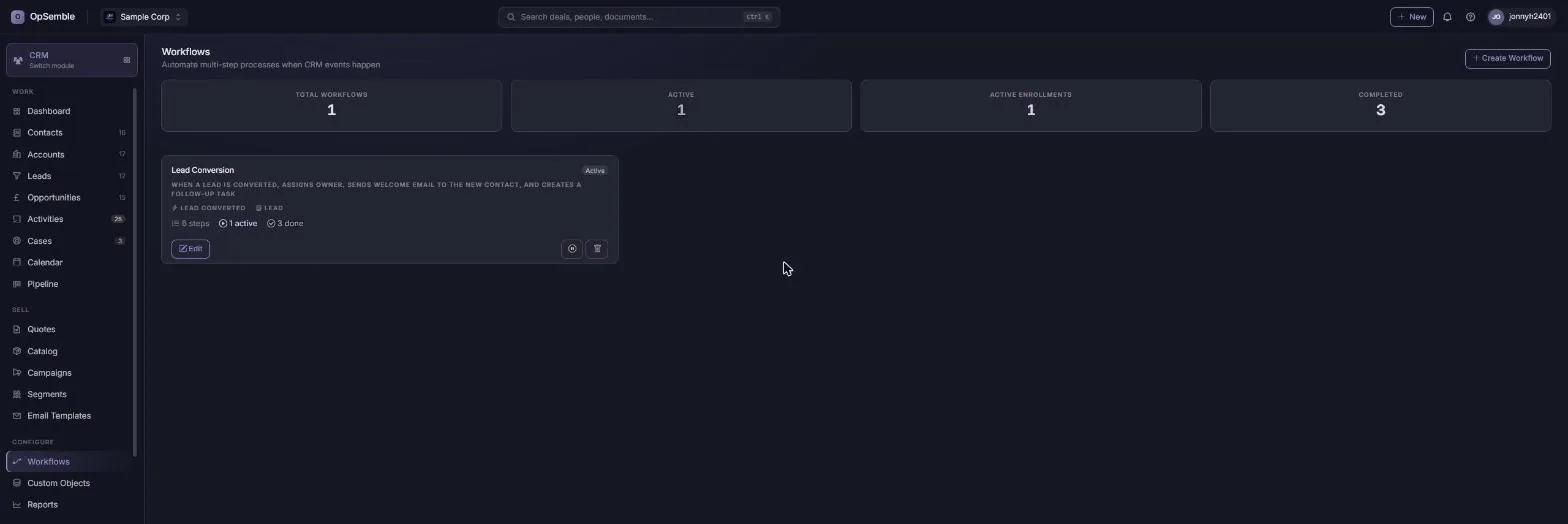 OpSemble workflow builder showing a lead-conversion sequence with a wait, an email and a task