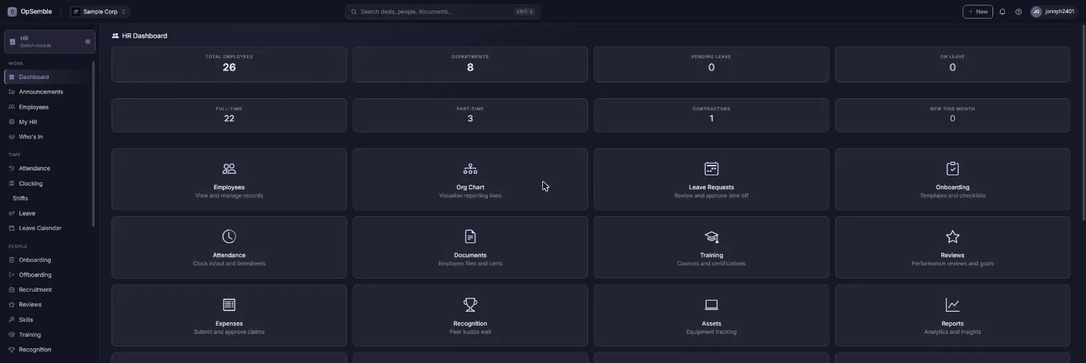 OpSemble HR dashboard showing employee stats and feature tiles