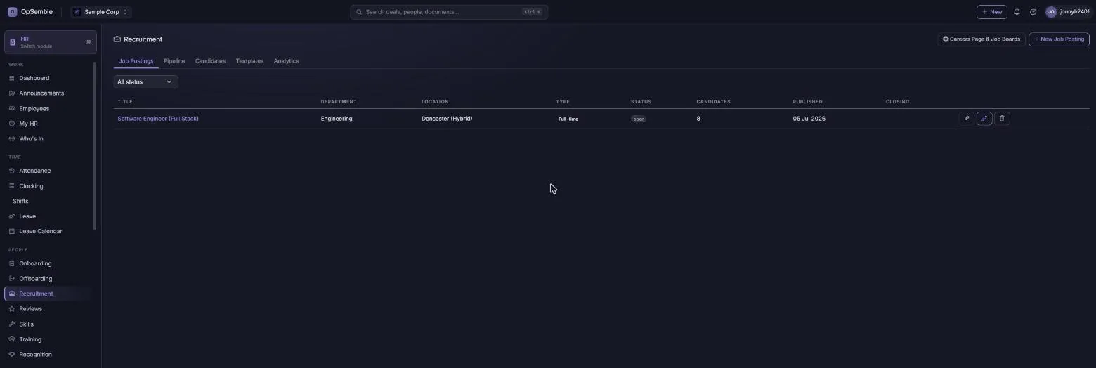 OpSemble recruitment: job postings, candidate pipeline and analytics