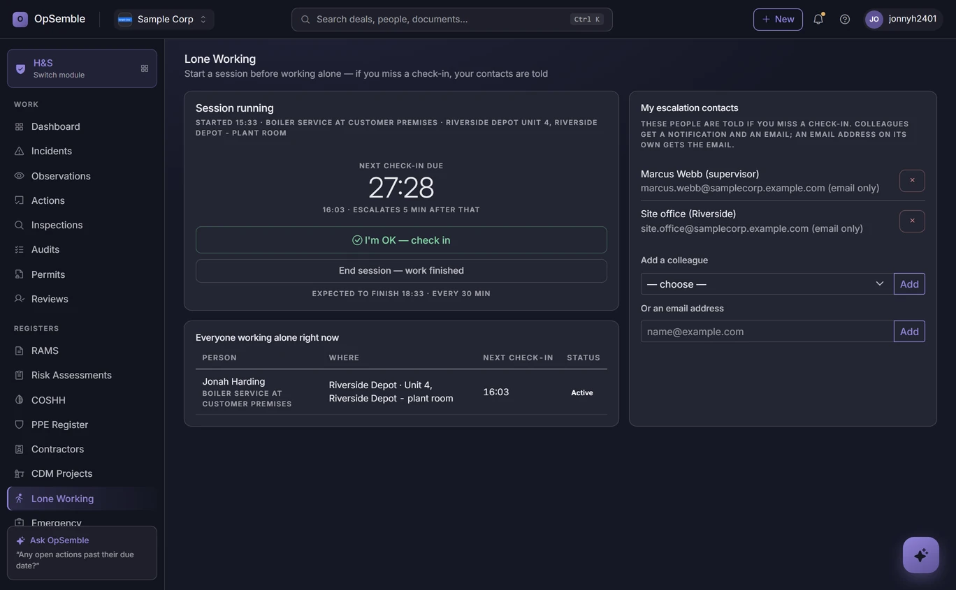 OpSemble lone working screen with a running check-in session, countdown to the next check-in, escalation contacts and the list of everyone working alone right now