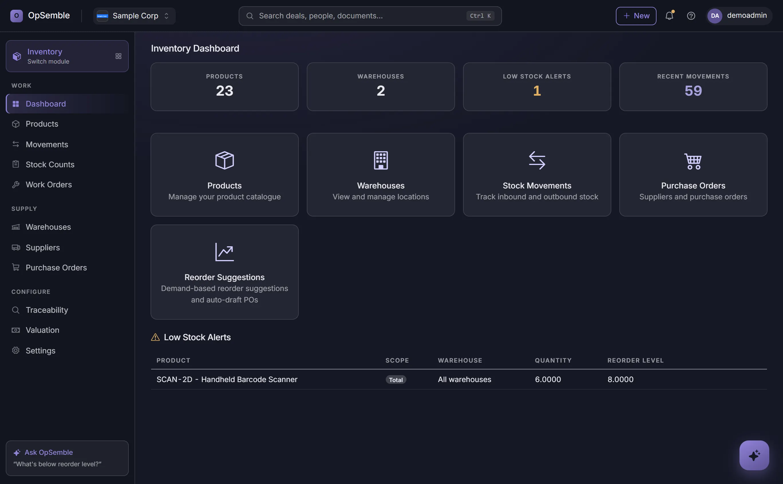 OpSemble inventory dashboard with product and warehouse counts, recent movements and low stock alerts