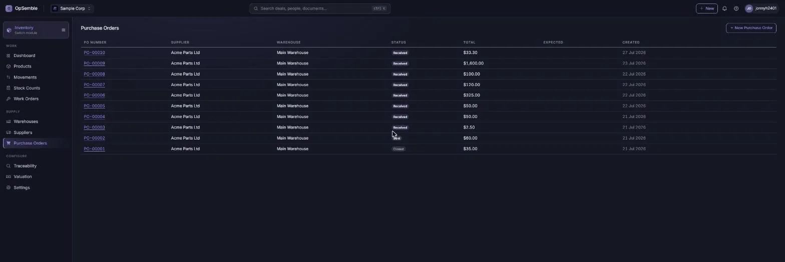 OpSemble inventory purchase orders and stock receipts