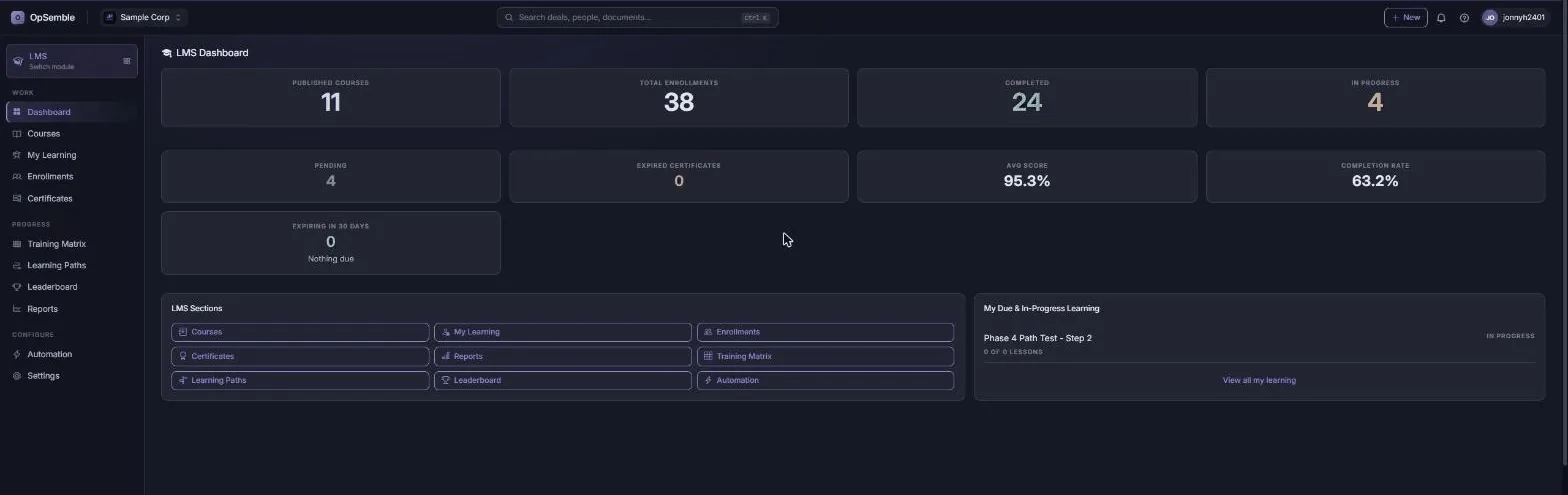 OpSemble learning management dashboard