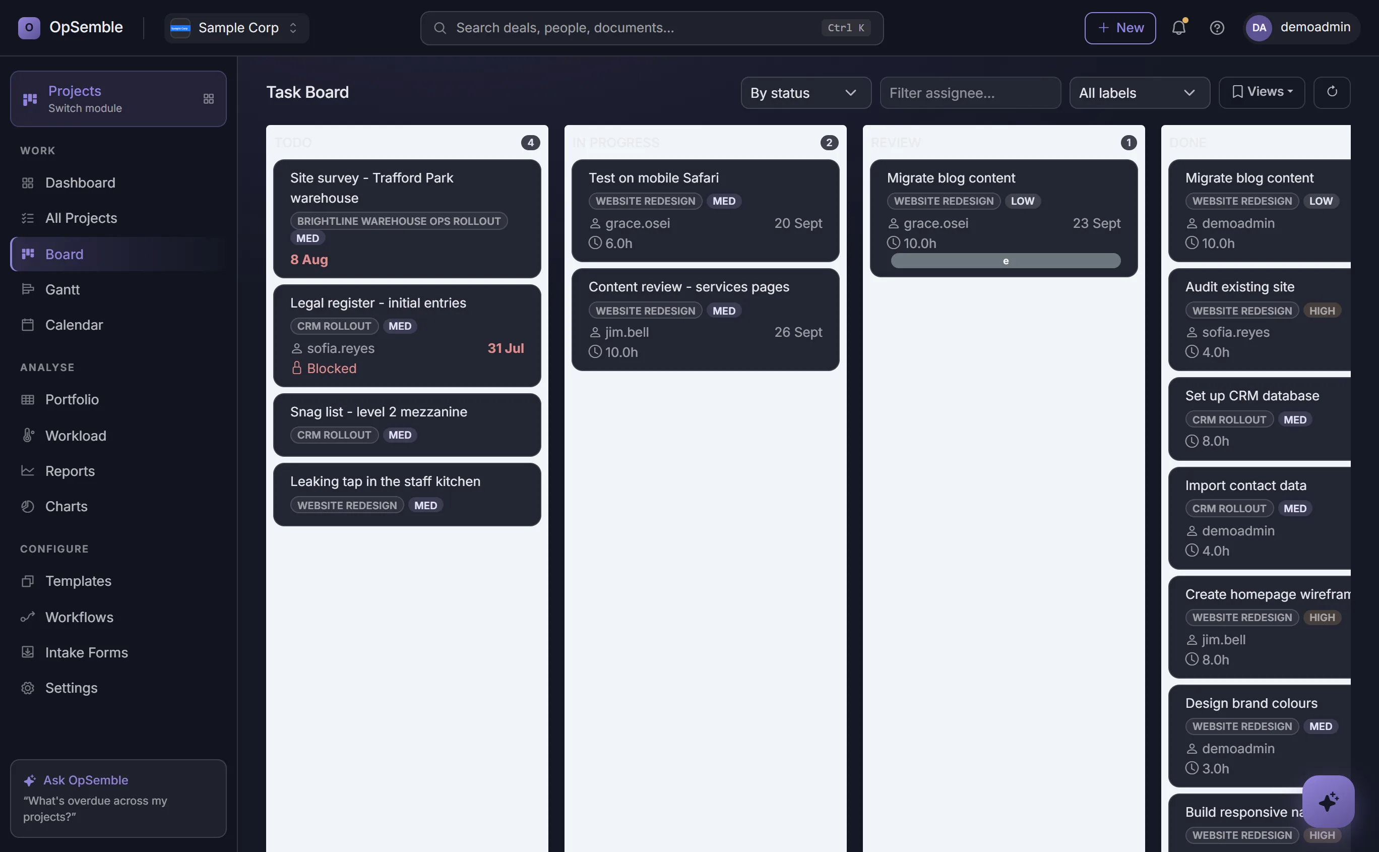 OpSemble task board with cards across Todo, In Progress, Review and Done