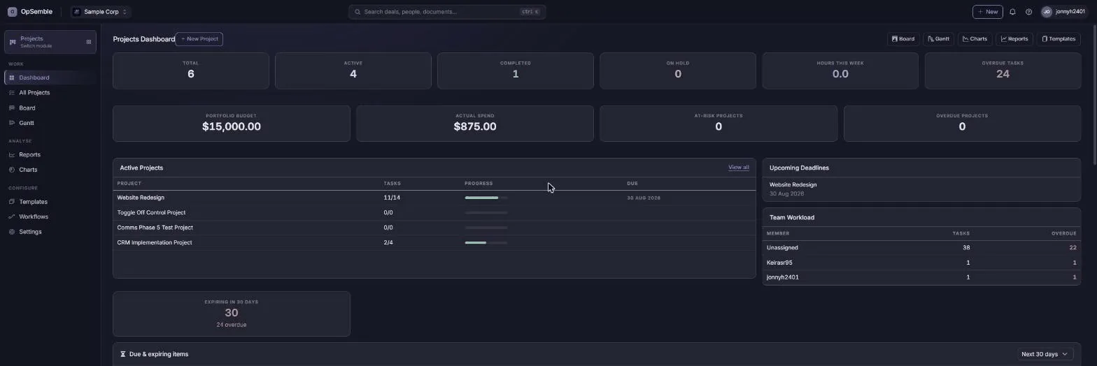 OpSemble projects dashboard with task boards and progress