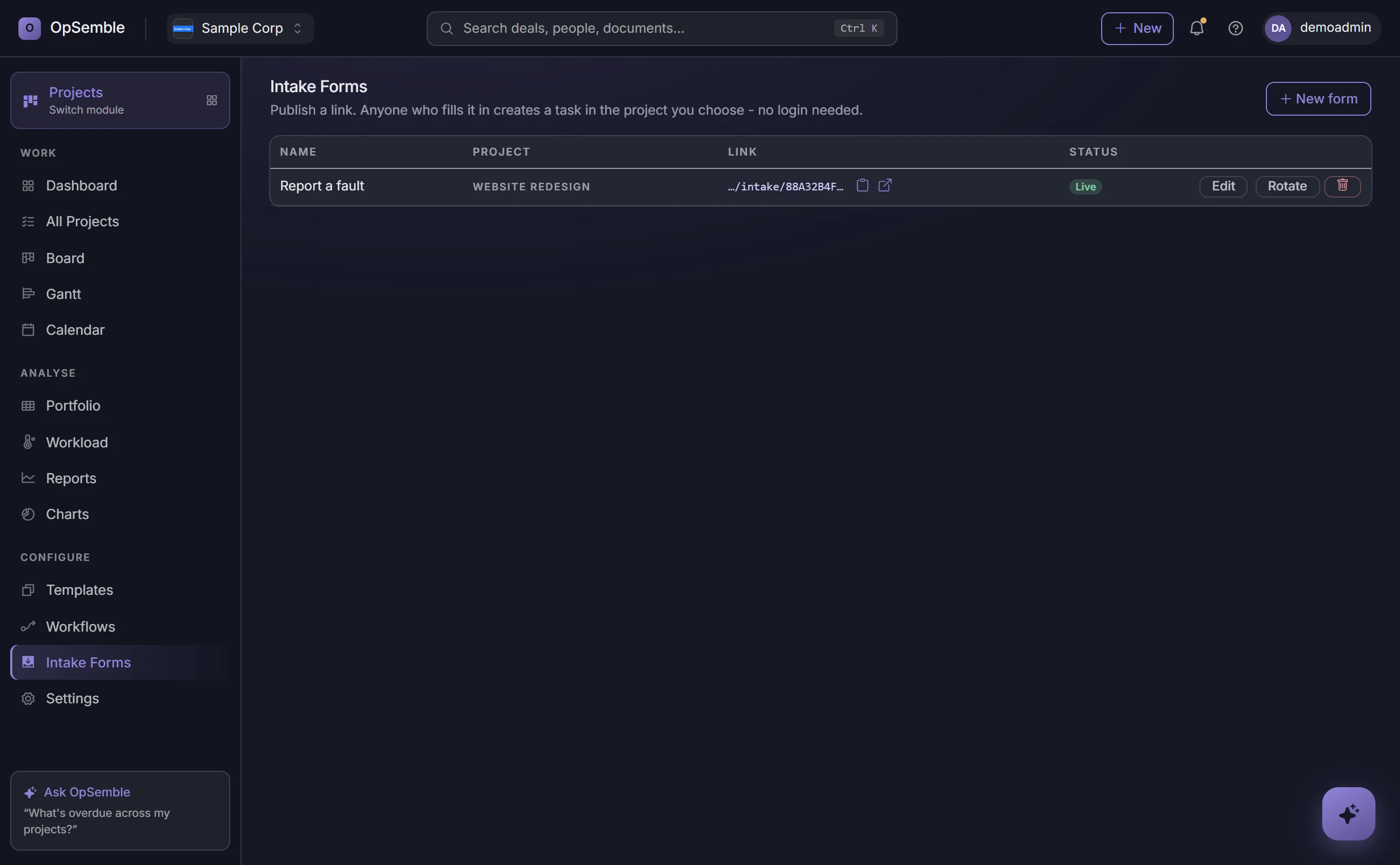 OpSemble intake forms list with public links, live status, rotate and edit actions