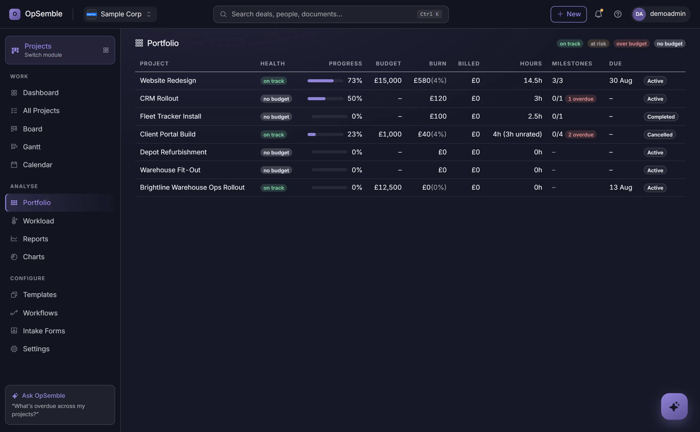 OpSemble project portfolio showing RAG health, budget versus burn, hours and milestones for every project