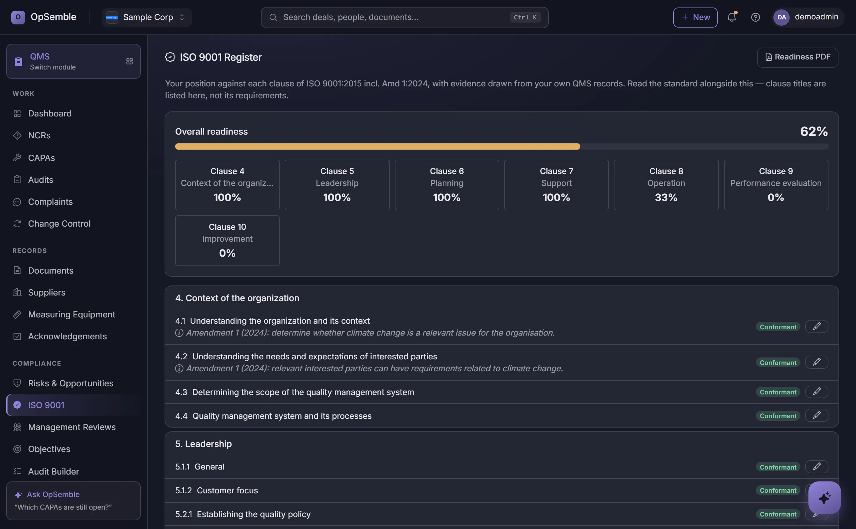OpSemble clause-by-clause ISO 9001 register with overall readiness percentage and per-clause status