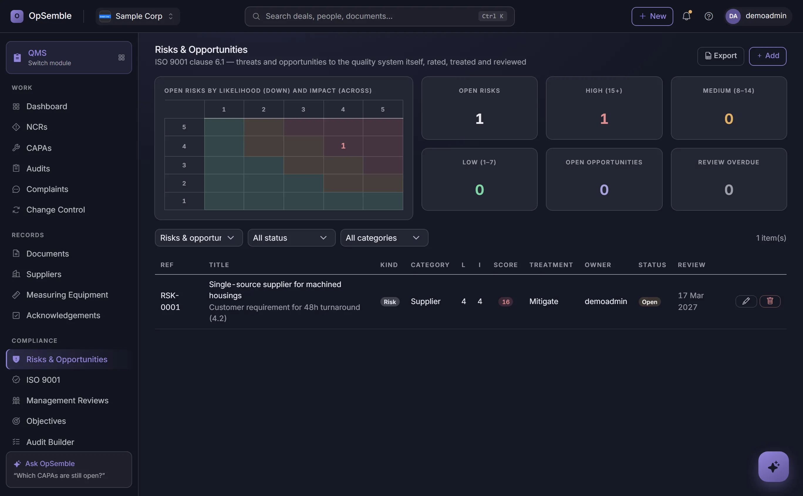 OpSemble risks and opportunities register with a 5 by 5 heat map